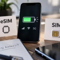 eSIM i fizyczna karta SIM obok telefonu z ikoną baterii