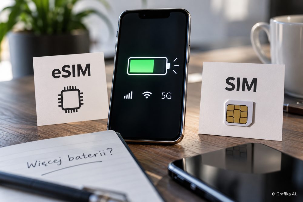 eSIM i fizyczna karta SIM obok telefonu z ikoną baterii