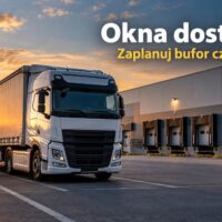 Ciężarówka na parkingu przy rampach centrum dystrybucyjnego – grafika AI
