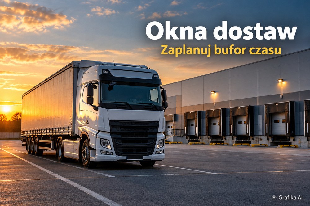 Ciężarówka na parkingu przy rampach centrum dystrybucyjnego – grafika AI
