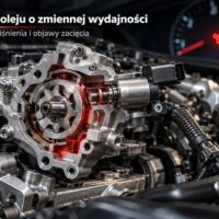 Przekrój pompy oleju o zmiennej wydajności i kontrolka ciśnienia oleju
