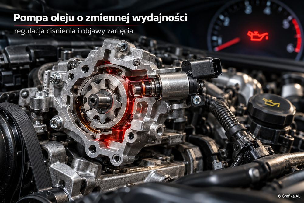Przekrój pompy oleju o zmiennej wydajności i kontrolka ciśnienia oleju